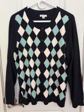 croft & barrow Black Cardigan with Mint and White Argyle